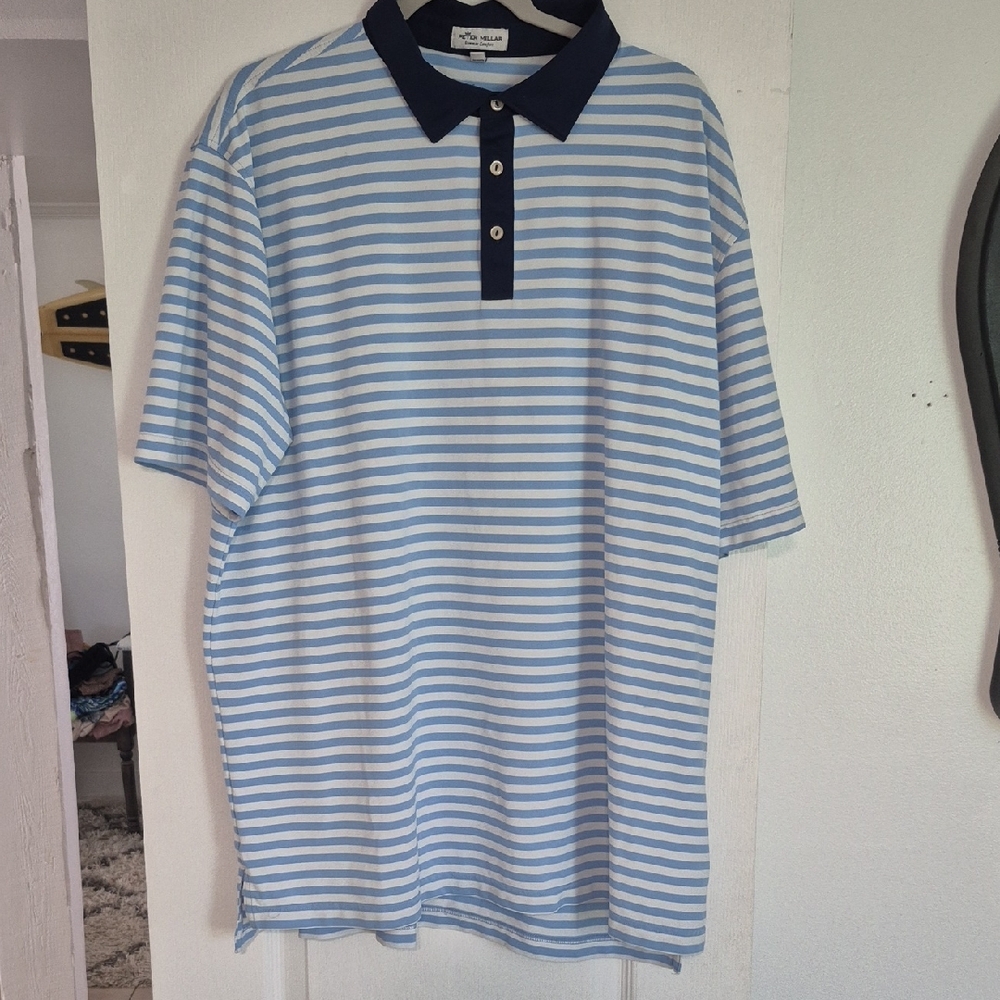 Peter Millar Navy and White Striped Polo Shirt Sz. XXL